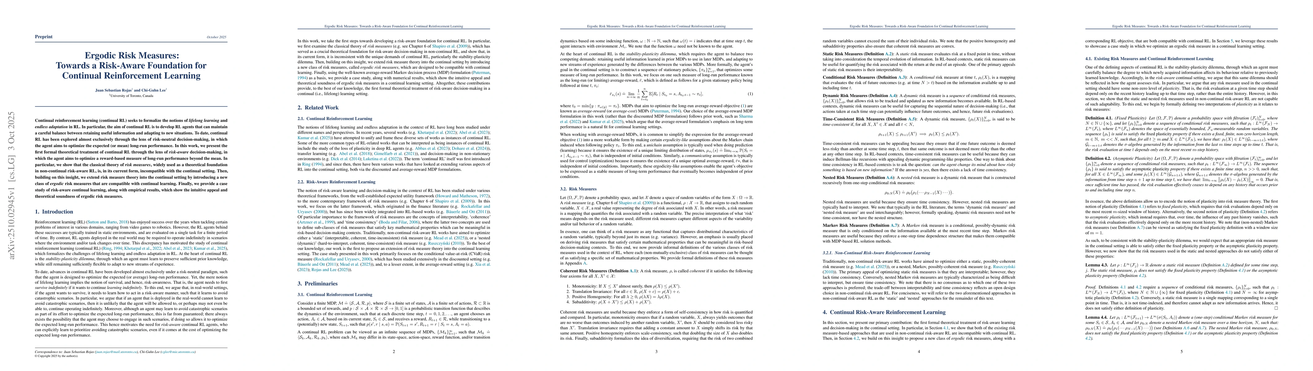 Thumbnail for Ergodic Risk Measures: Towards a Risk-Aware Foundation for Continual
  Reinforcement Learning