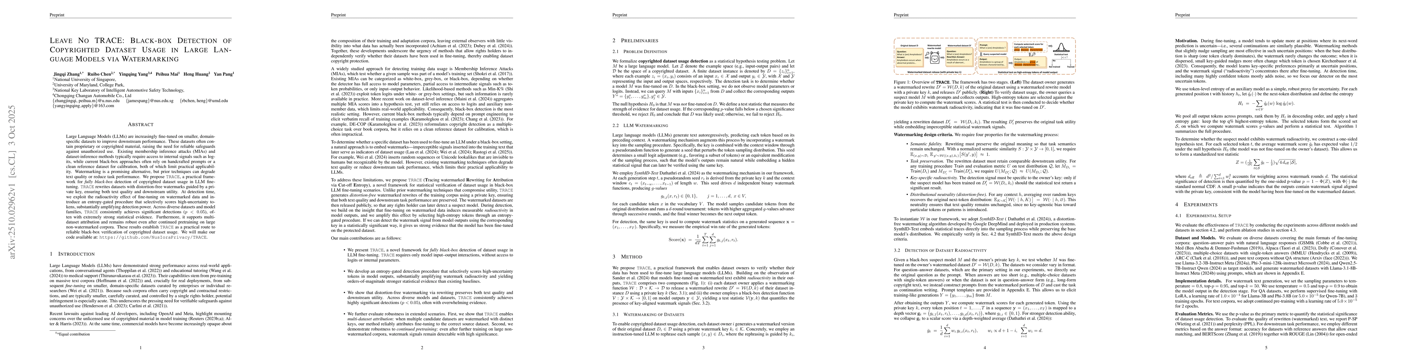 Thumbnail for Leave No TRACE: Black-box Detection of Copyrighted Dataset Usage in
  Large Language Models via Watermarking