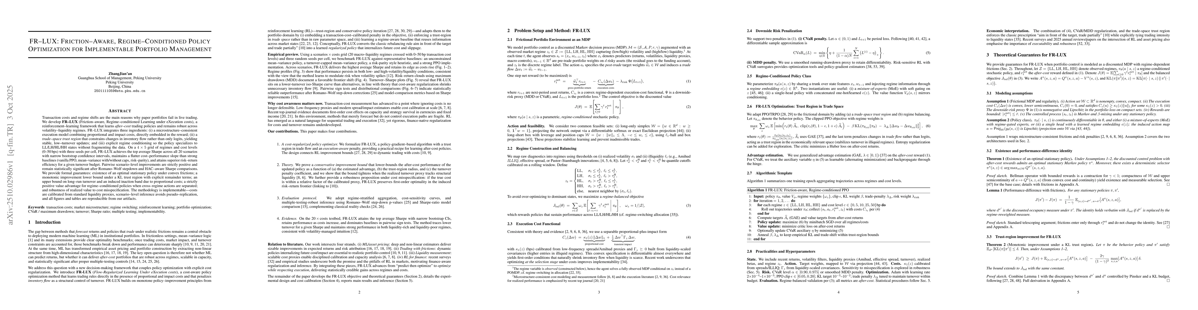Thumbnail for FR-LUX: Friction-Aware, Regime-Conditioned Policy Optimization for
  Implementable Portfolio Management