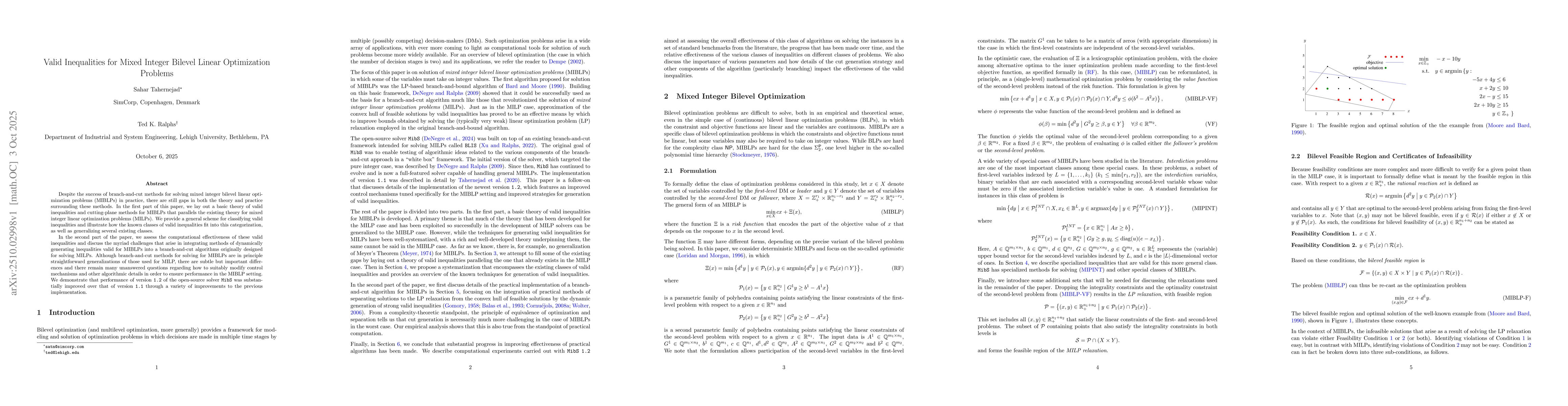 Thumbnail for Valid Inequalities for Mixed Integer Bilevel Linear Optimization
  Problems
