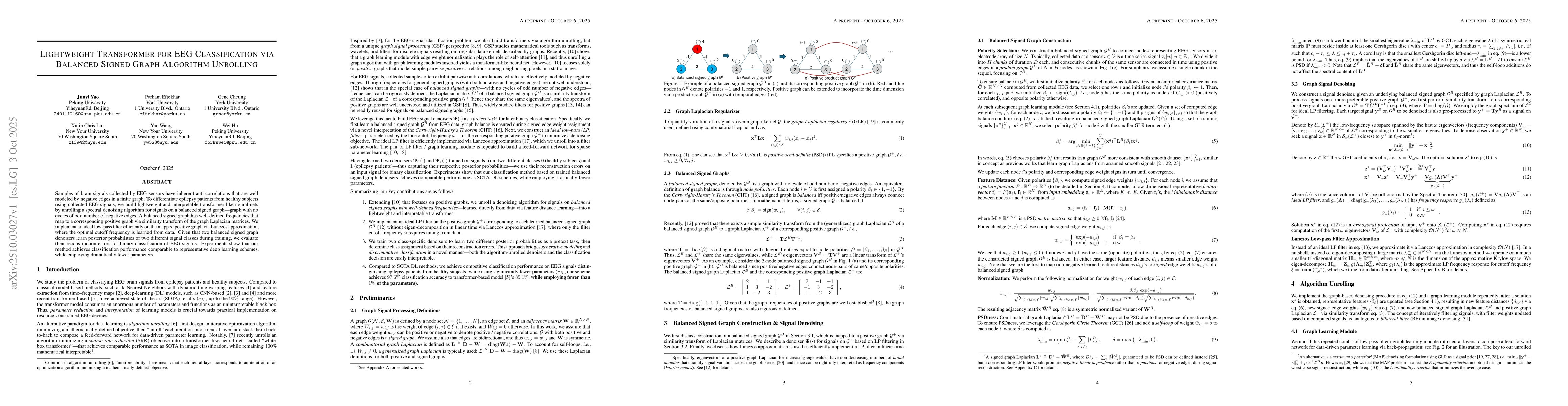 Thumbnail for Lightweight Transformer for EEG Classification via Balanced Signed Graph
  Algorithm Unrolling