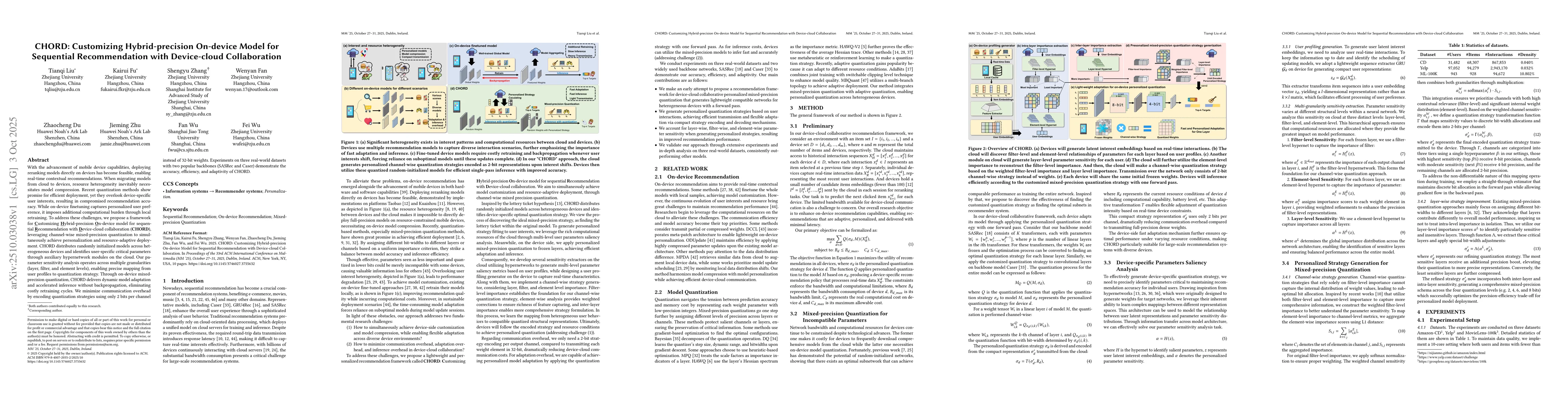 Thumbnail for CHORD: Customizing Hybrid-precision On-device Model for Sequential
  Recommendation with Device-cloud Collaboration
