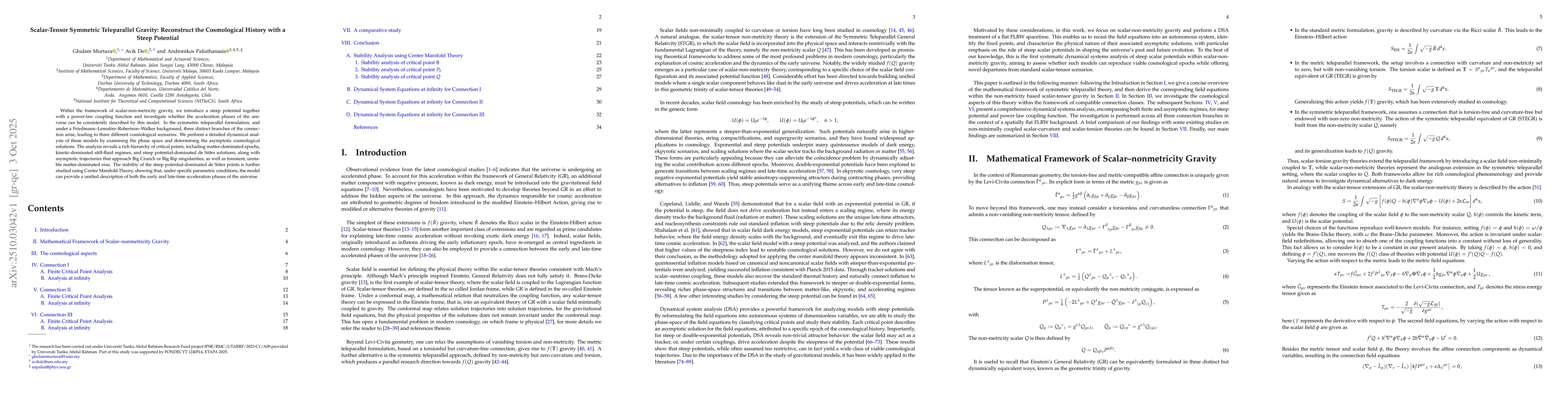Thumbnail for Scalar-Tensor Symmetric Teleparallel Gravity: Reconstruct the
  Cosmological History with a Steep Potential