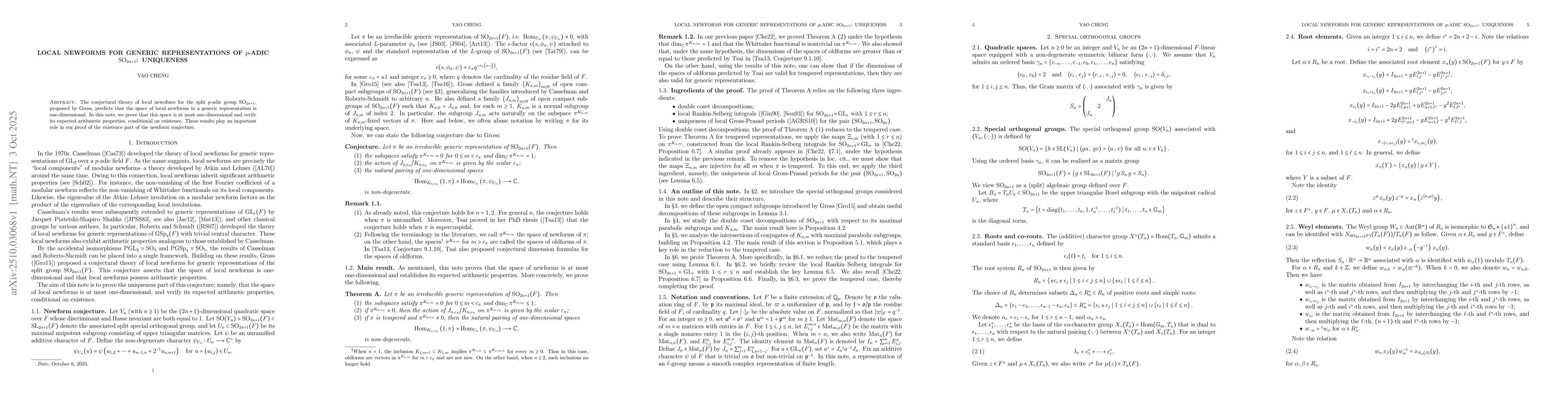 Thumbnail for Local newforms for generic representations of $p$-adic ${\rm
  SO}_{2n+1}$: Uniqueness