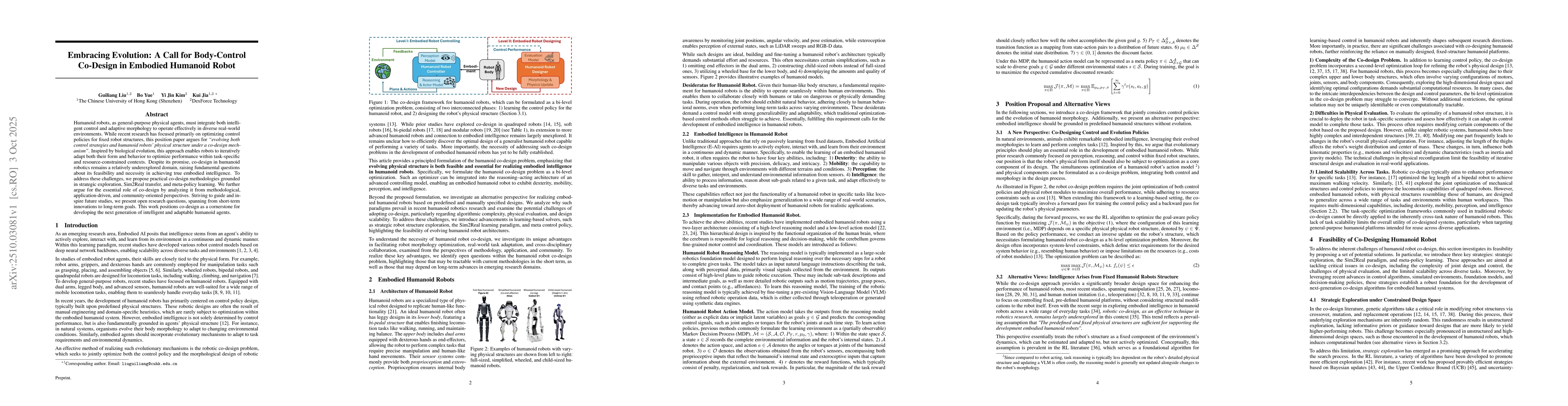 Thumbnail for Embracing Evolution: A Call for Body-Control Co-Design in Embodied
  Humanoid Robot