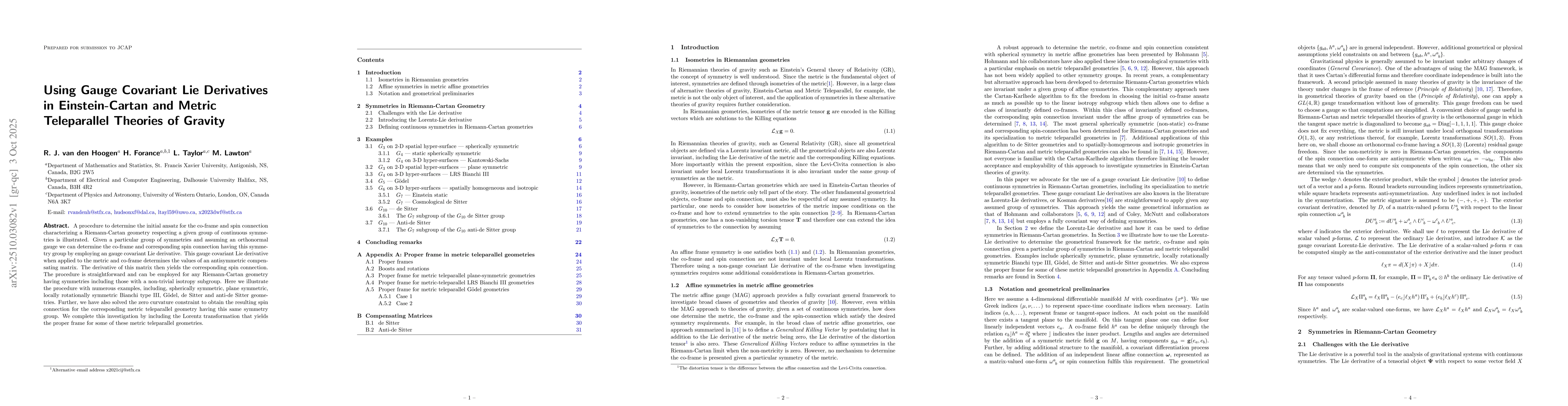 Thumbnail for Using Gauge Covariant Lie Derivatives in Einstein-Cartan and Metric
  Teleparallel Theories of Gravity