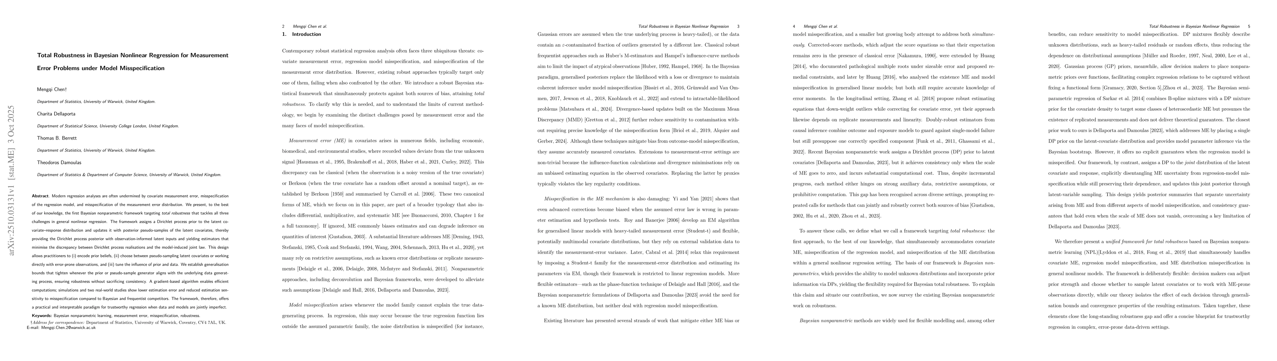 Thumbnail for Total Robustness in Bayesian Nonlinear Regression for Measurement Error
  Problems under Model Misspecification