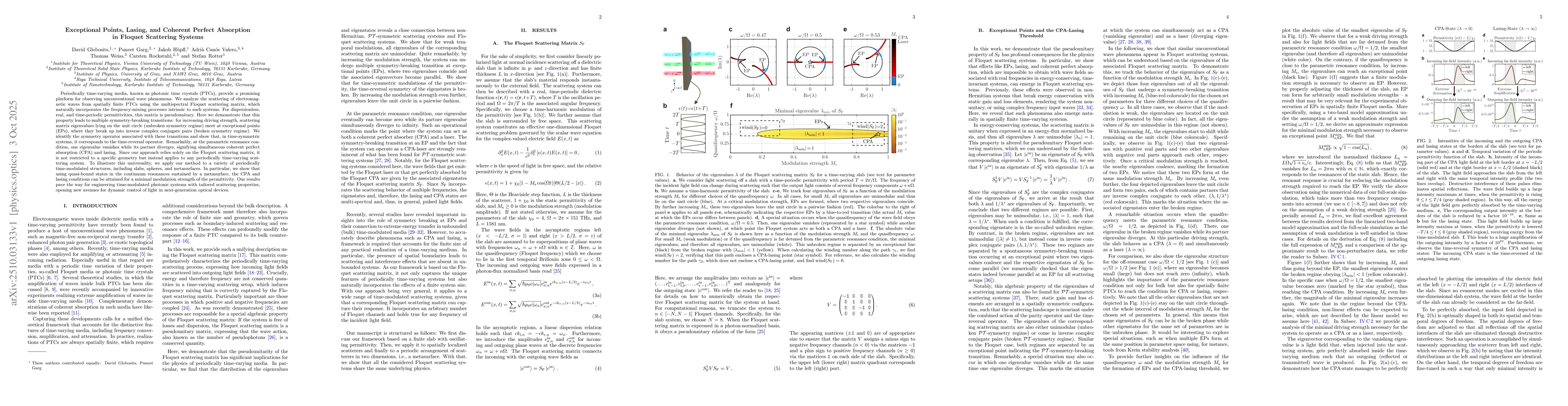 Thumbnail for Exceptional Points, Lasing, and Coherent Perfect Absorption in Floquet
  Scattering Systems