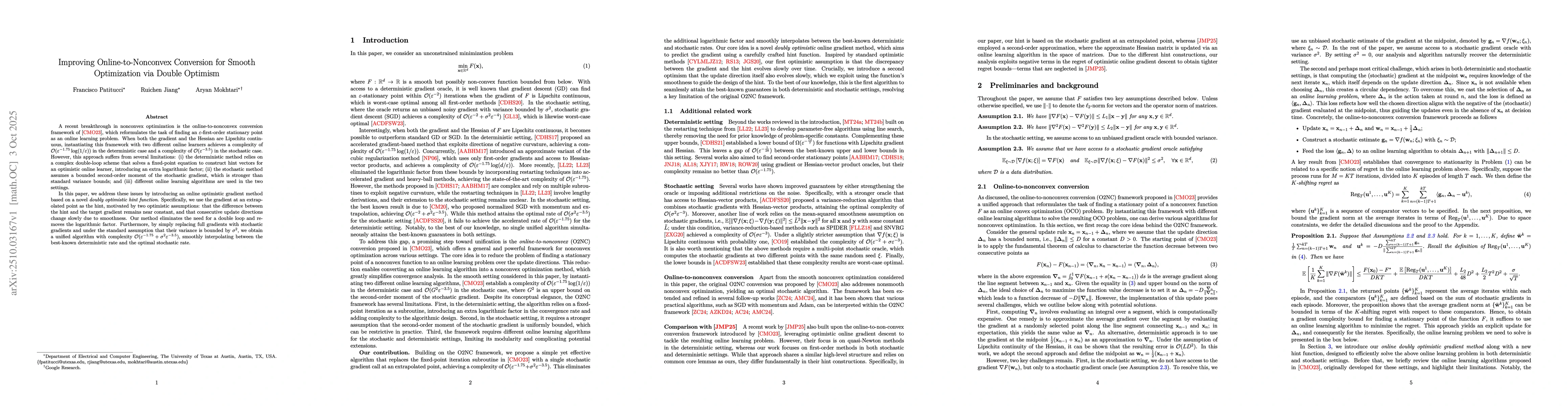 Thumbnail for Improving Online-to-Nonconvex Conversion for Smooth Optimization via
  Double Optimism