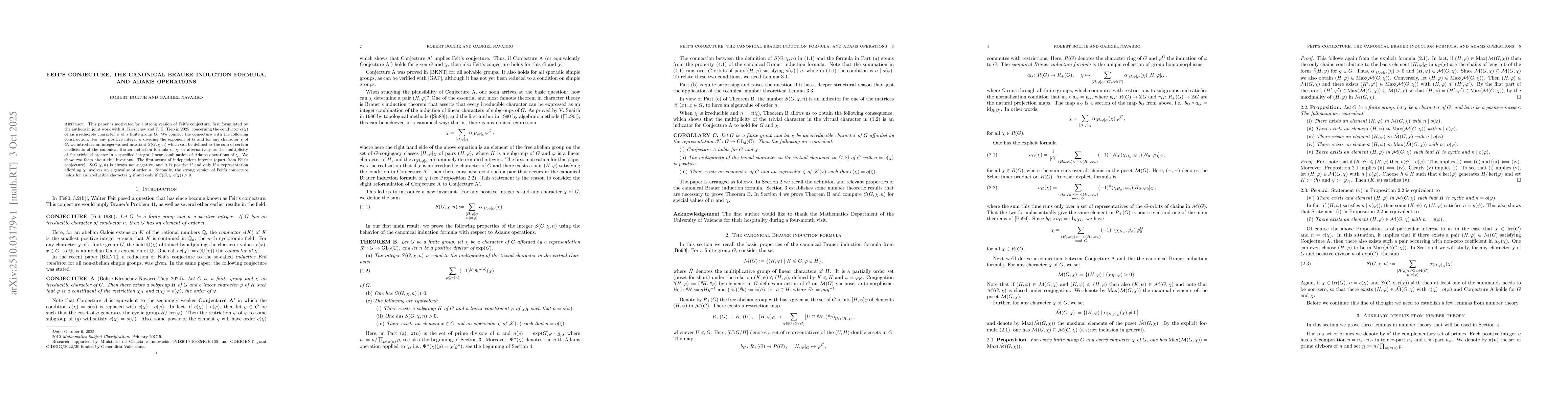 Thumbnail for Feit's conjecture, the canonical Brauer induction formula, and Adams
  operations