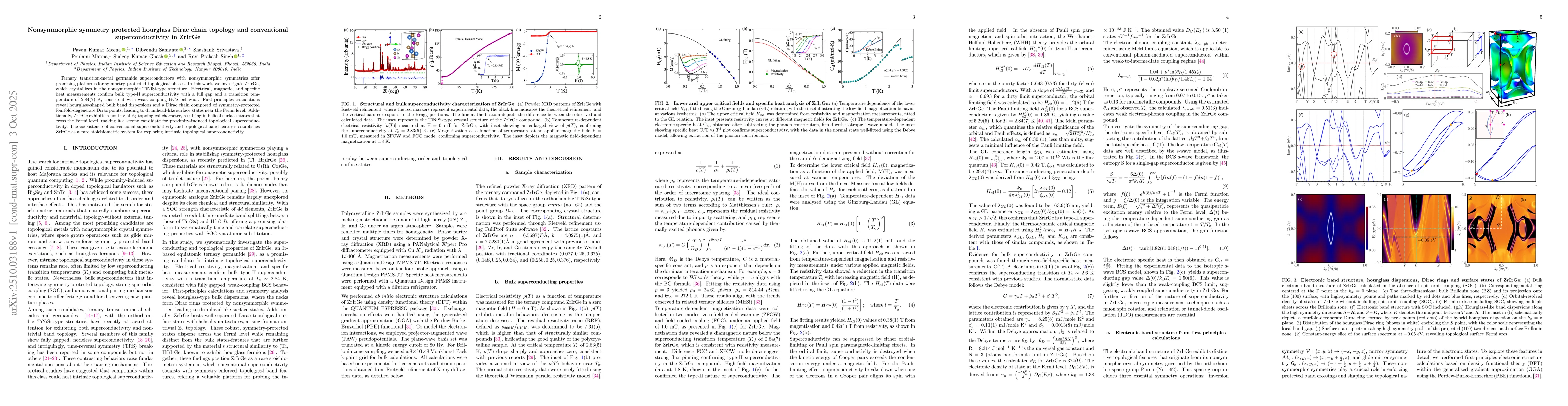 Thumbnail for Nonsymmorphic symmetry protected hourglass Dirac chain topology and
  conventional superconductivity in ZrIrGe