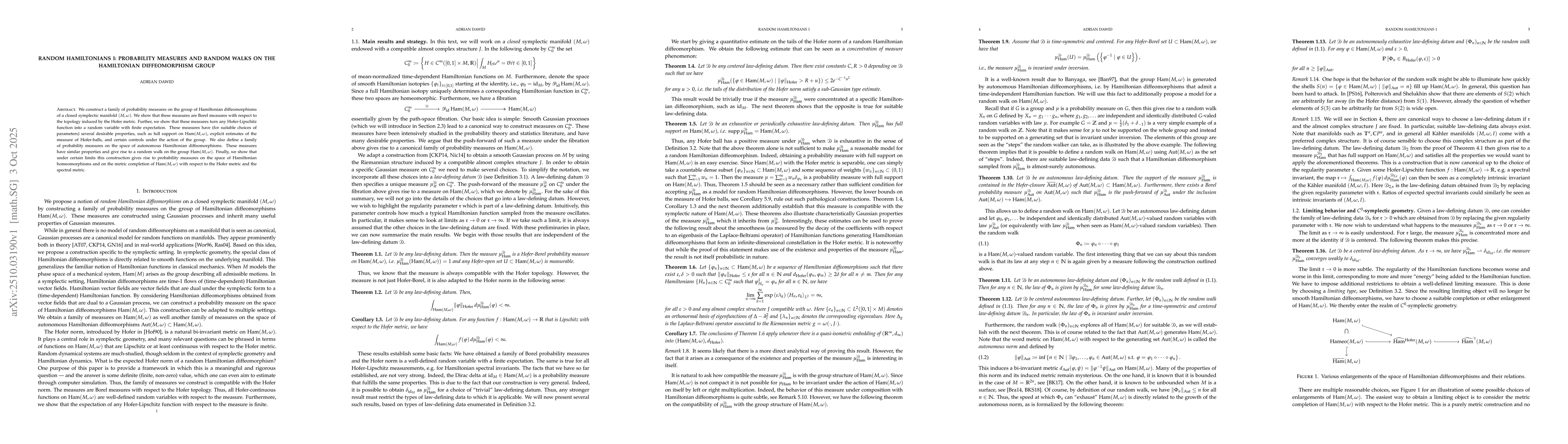 Thumbnail for Random Hamiltonians I: Probability measures and random walks on the
  Hamiltonian diffeomorphism group