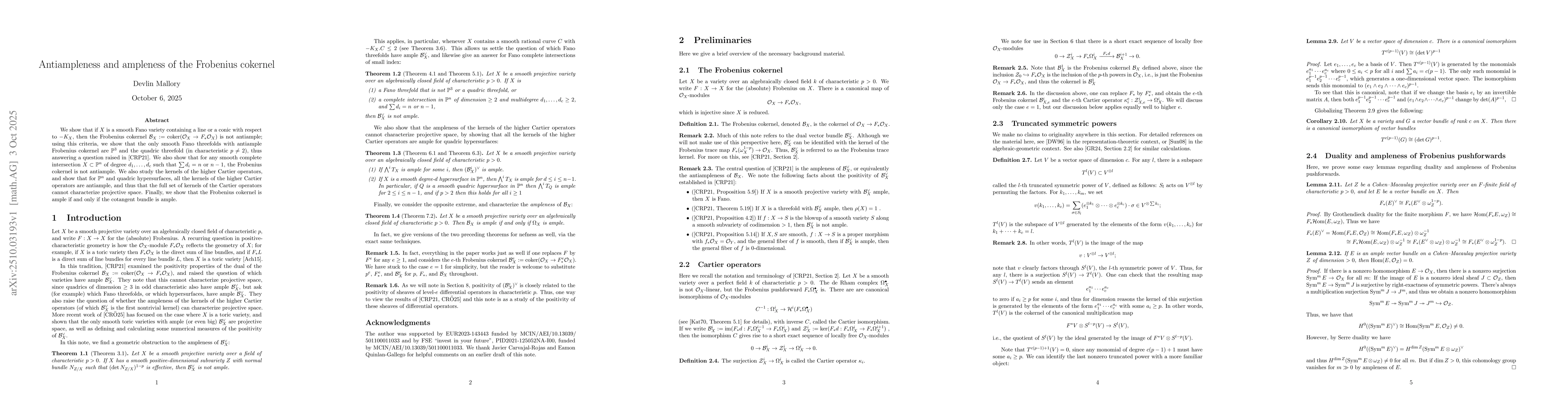 Thumbnail for Antiampleness and ampleness of the Frobenius cokernel