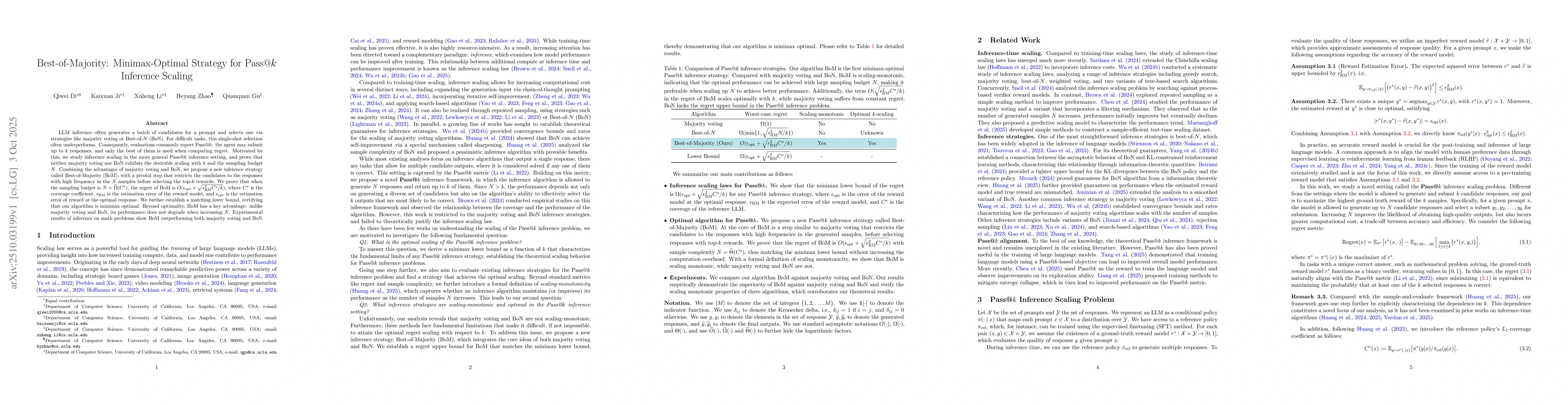 Thumbnail for Best-of-Majority: Minimax-Optimal Strategy for Pass@$k$ Inference
  Scaling
