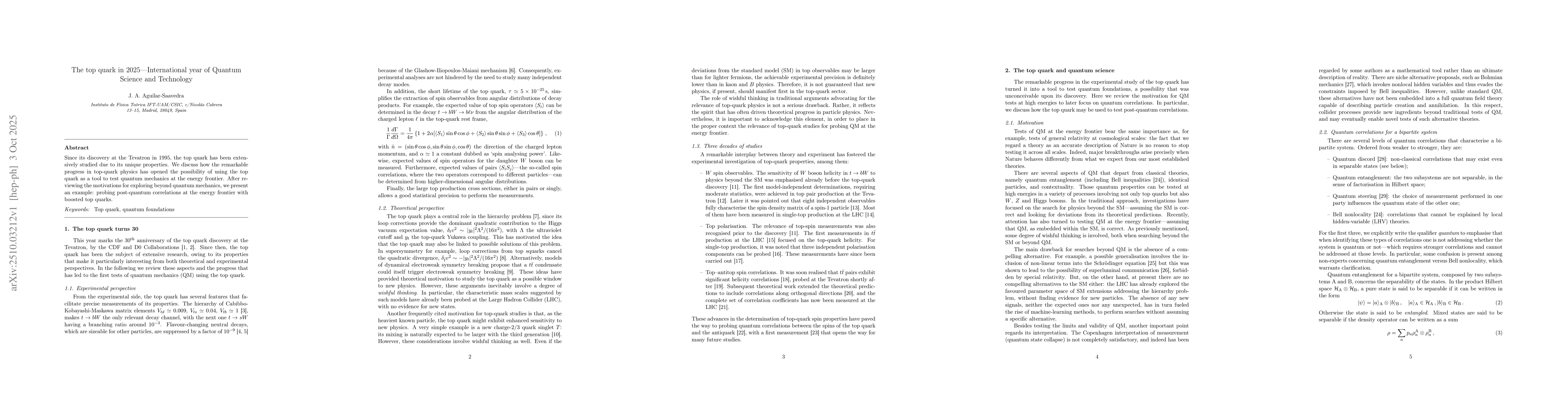 Thumbnail for The top quark in 2025 -- International year of Quantum Science and
  Technology