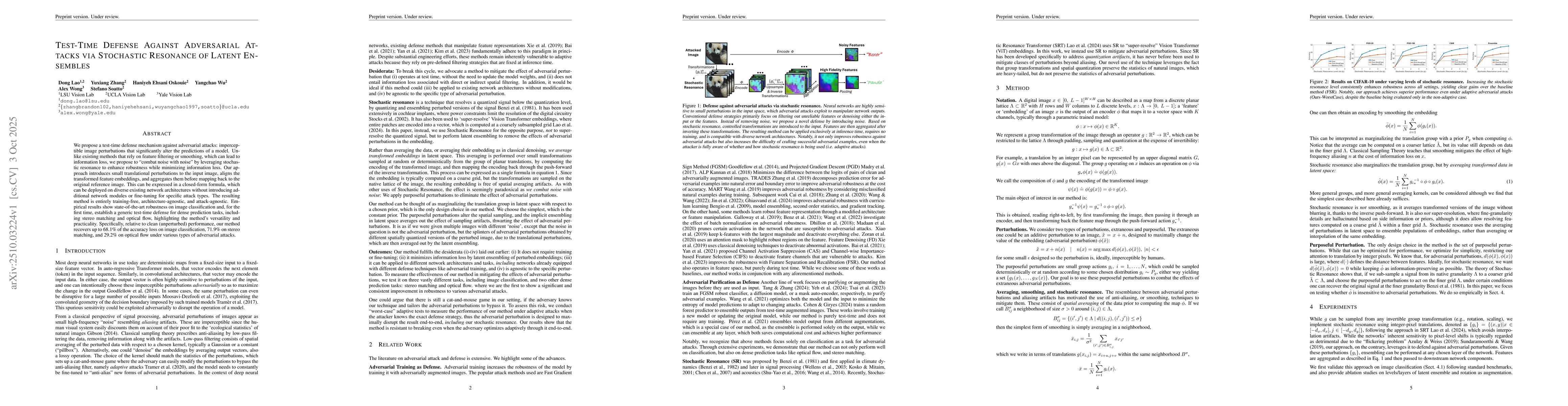 Thumbnail for Test-Time Defense Against Adversarial Attacks via Stochastic Resonance
  of Latent Ensembles