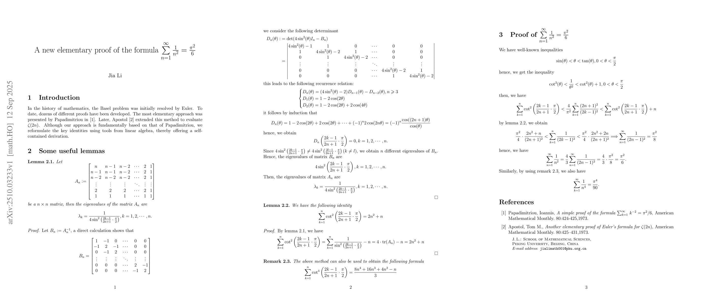 Thumbnail for A new elementary proof of the formula
  $\sum\limits_{n=1}^{\infty}\frac{1}{n^2}=\frac{π^2}{6}$