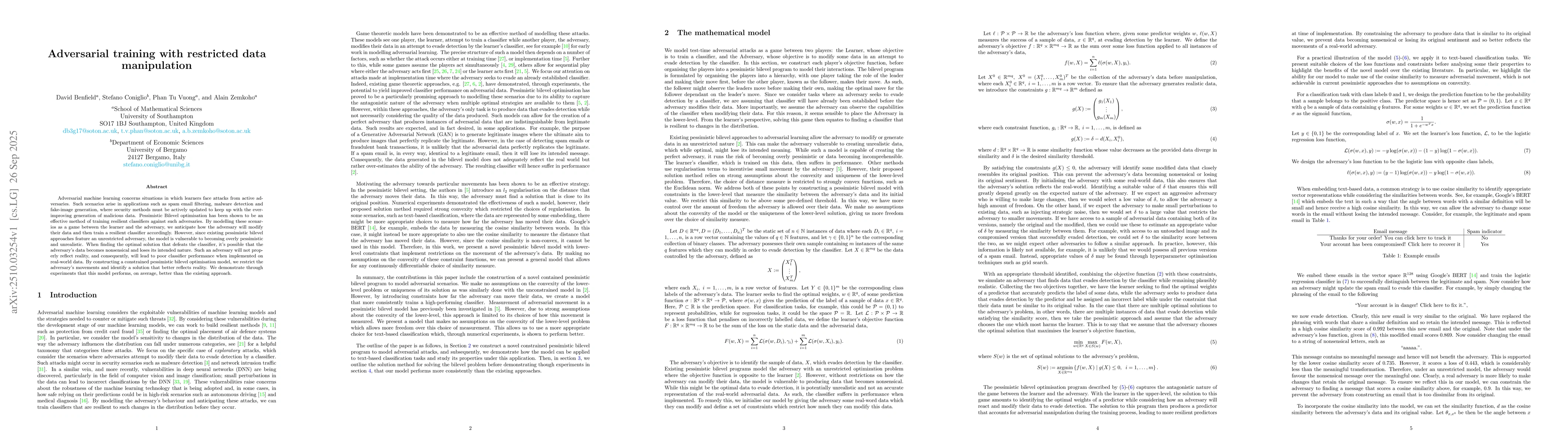 Thumbnail for Adversarial training with restricted data manipulation
