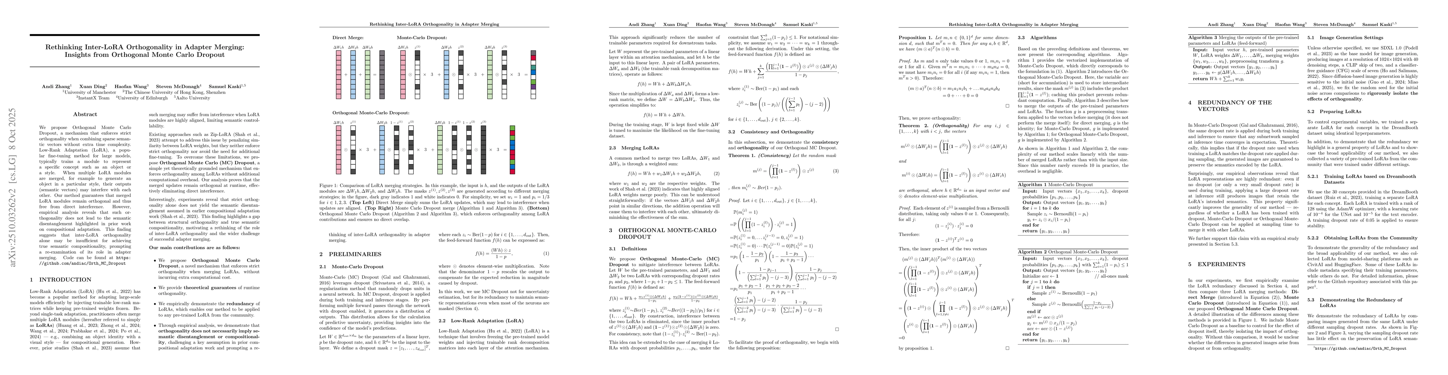 Thumbnail for Rethinking Inter-LoRA Orthogonality in Adapter Merging: Insights from
  Orthogonal Monte Carlo Dropout
