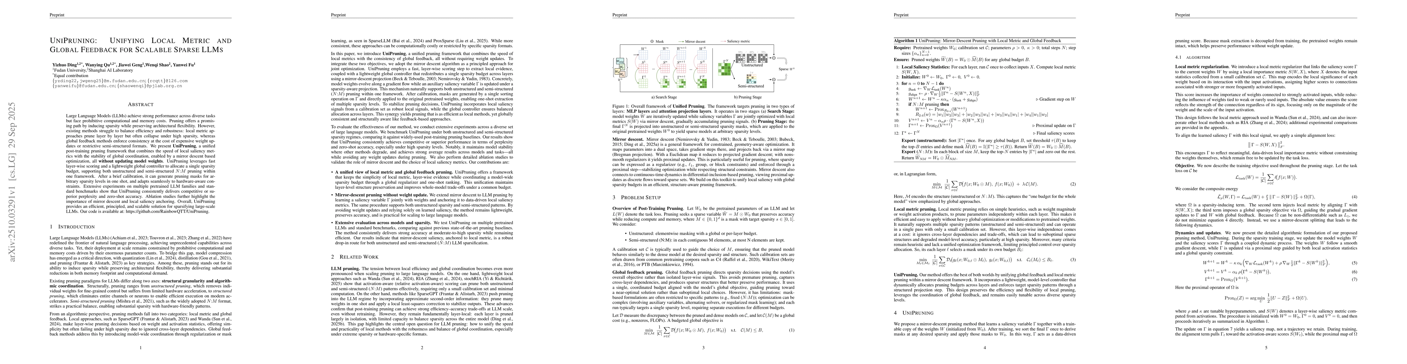 Thumbnail for UniPruning: Unifying Local Metric and Global Feedback for Scalable
  Sparse LLMs