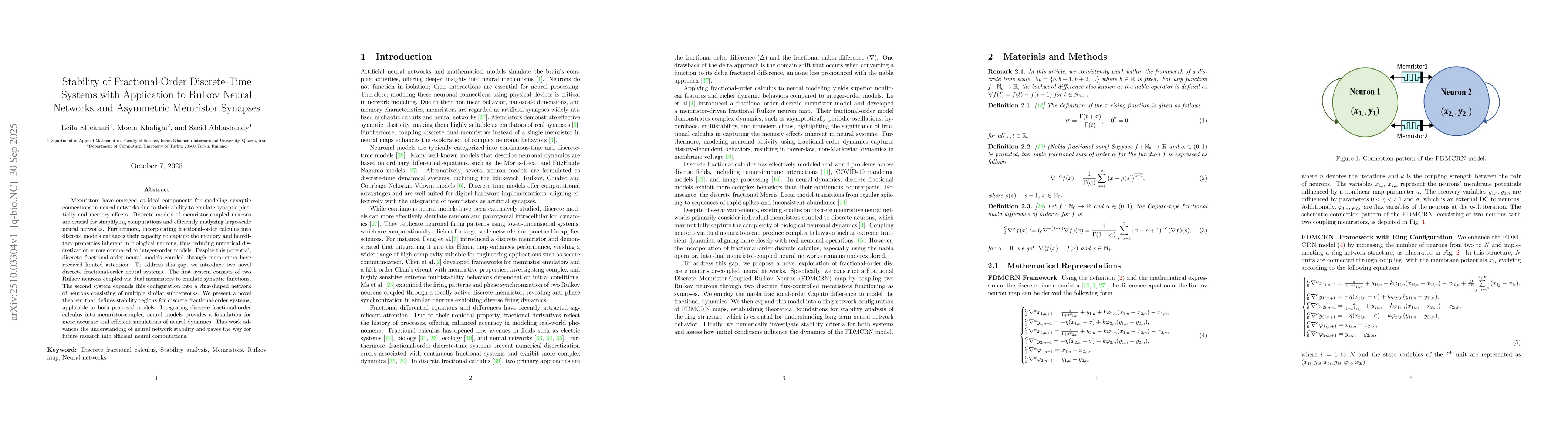 Thumbnail for Stability of Fractional-Order Discrete-Time Systems with Application to
  Rulkov Neural Networks and Asymmetric Memristor Synapses