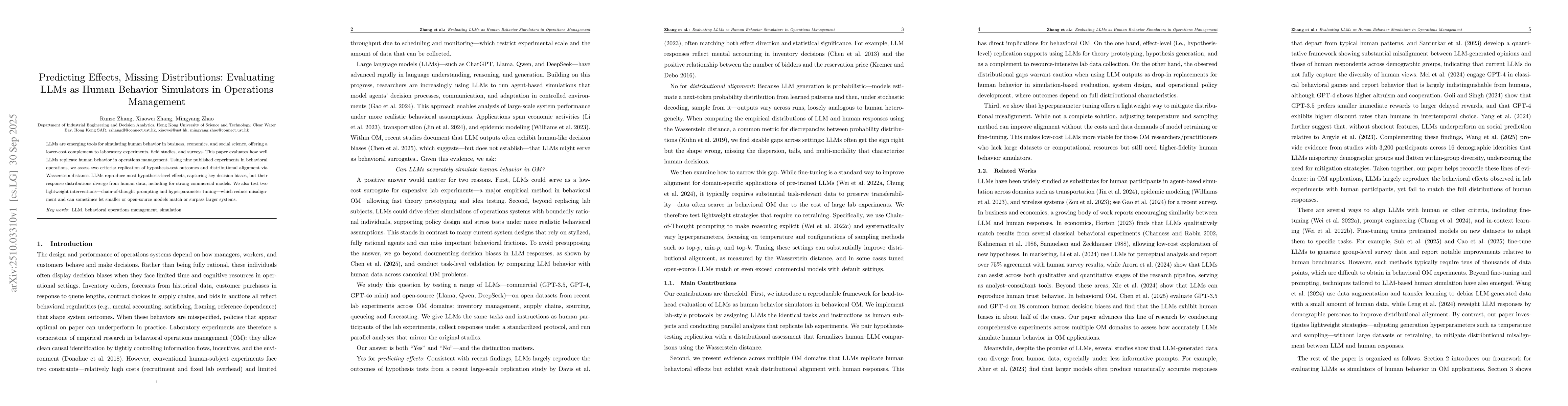 Thumbnail for Predicting Effects, Missing Distributions: Evaluating LLMs as Human
  Behavior Simulators in Operations Management