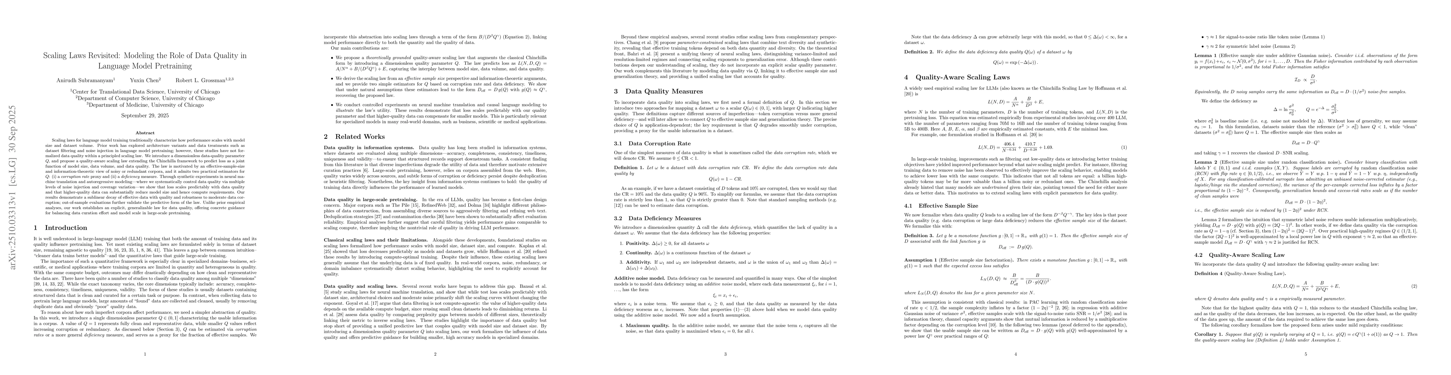 Thumbnail for Scaling Laws Revisited: Modeling the Role of Data Quality in Language
  Model Pretraining