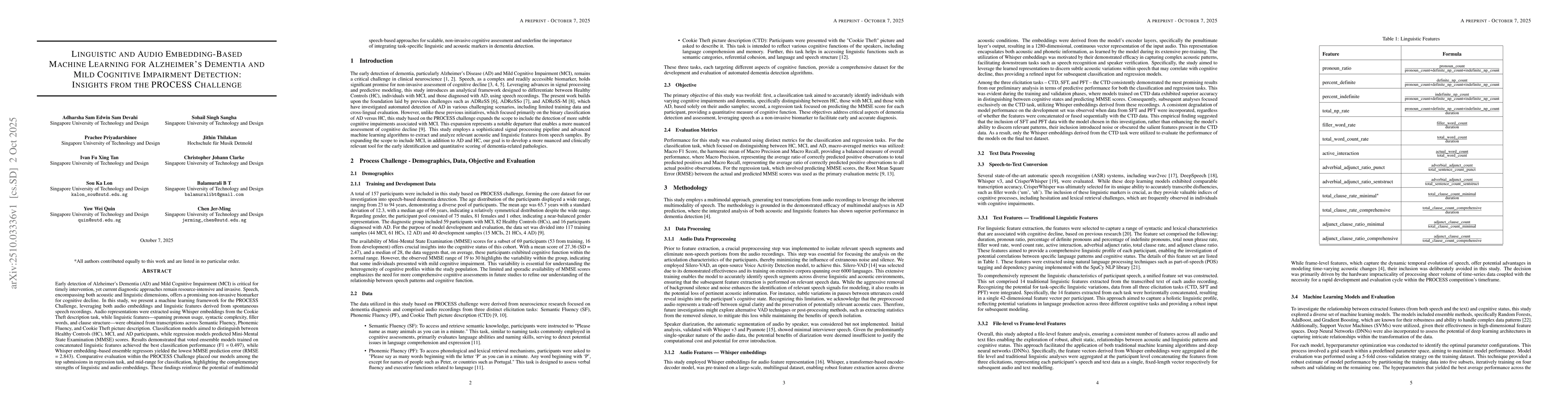 Thumbnail for Linguistic and Audio Embedding-Based Machine Learning for Alzheimer's
  Dementia and Mild Cognitive Impairment Detection: Insights from the PROCESS
  Challenge