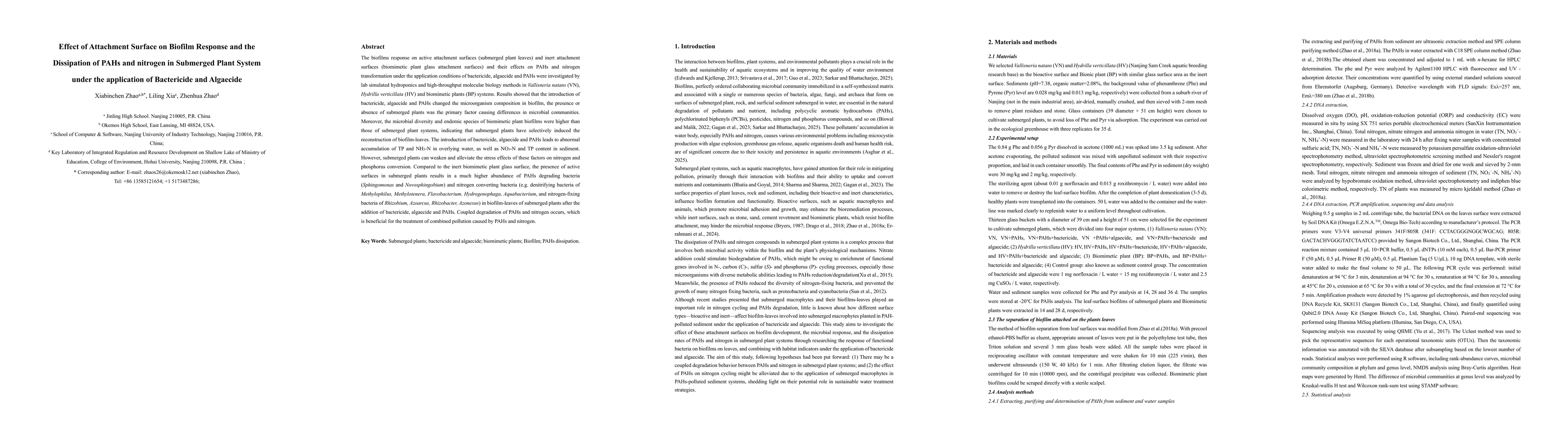 Thumbnail for Effect of Attachment Surface on Biofilm Response and the Dissipation of
  PAHs and nitrogen in Submerged Plant System under the application of
  Bactericide and Algaecide