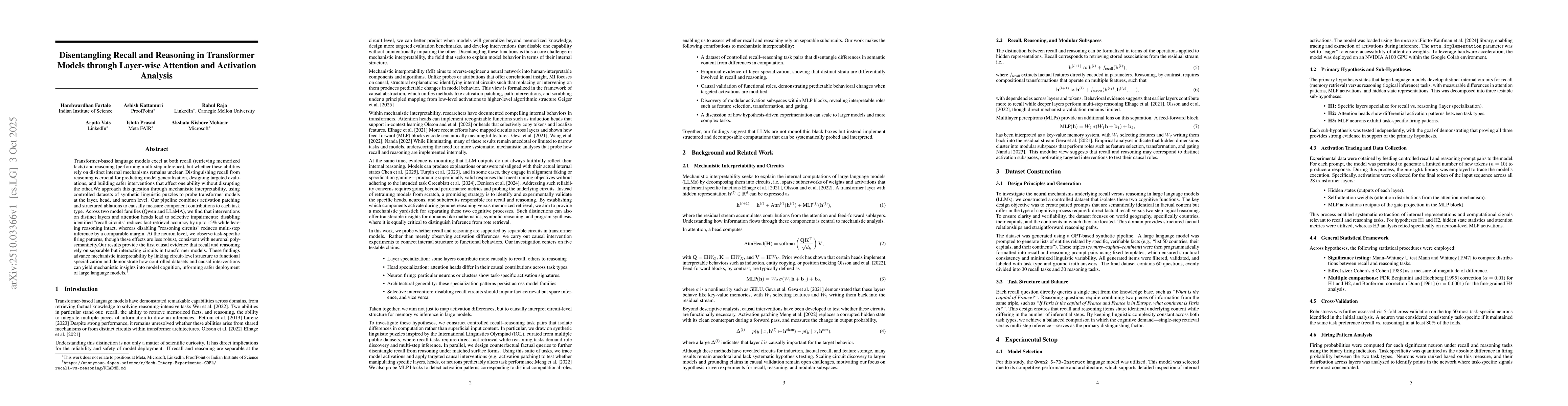 Thumbnail for Disentangling Recall and Reasoning in Transformer Models through
  Layer-wise Attention and Activation Analysis