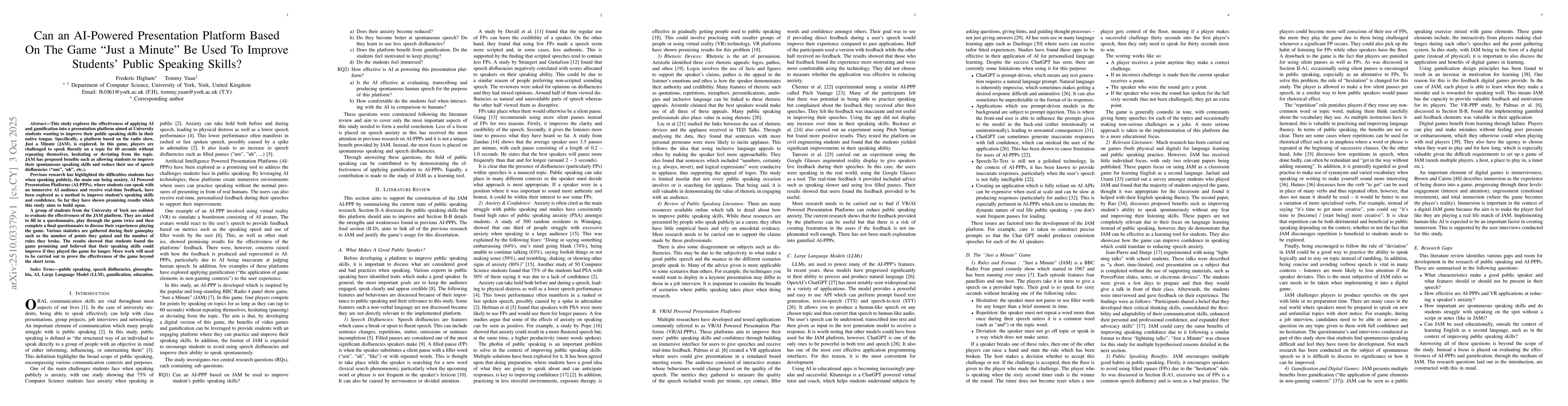 Thumbnail for Can an AI-Powered Presentation Platform Based On The Game "Just a
  Minute" Be Used To Improve Students' Public Speaking Skills?