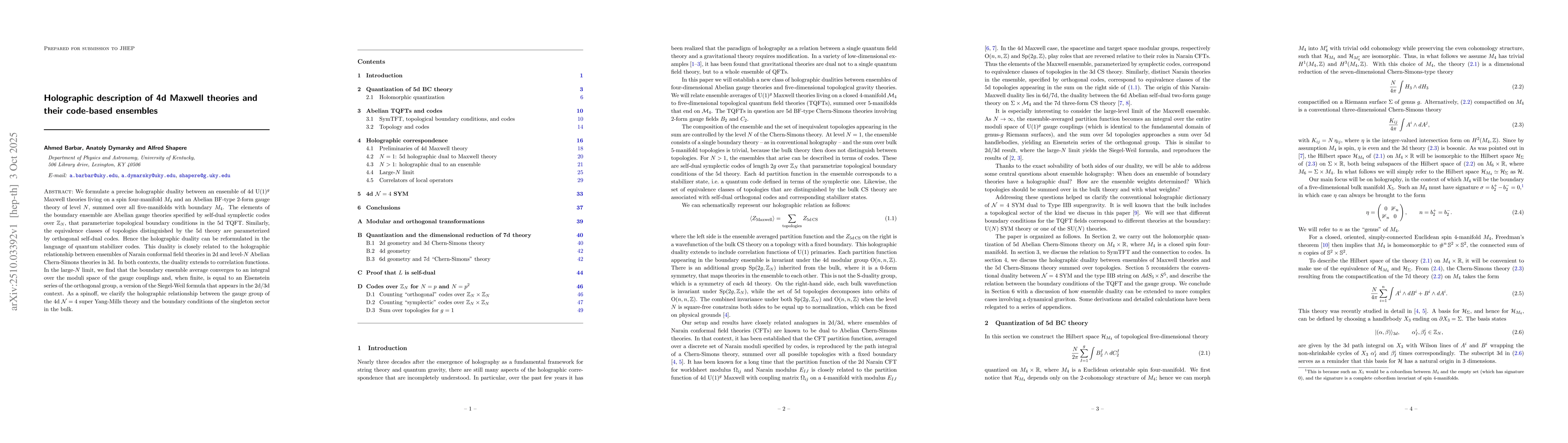 Thumbnail for Holographic description of 4d Maxwell theories and their code-based
  ensembles
