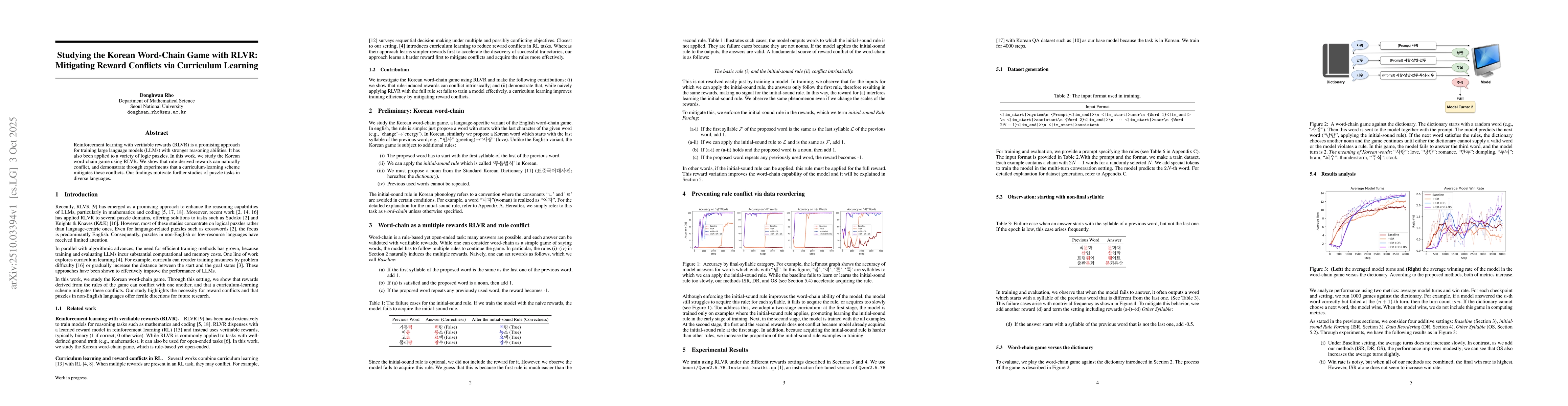 Thumbnail for Studying the Korean Word-Chain Game with RLVR:Mitigating Reward
  Conflicts via Curriculum Learning