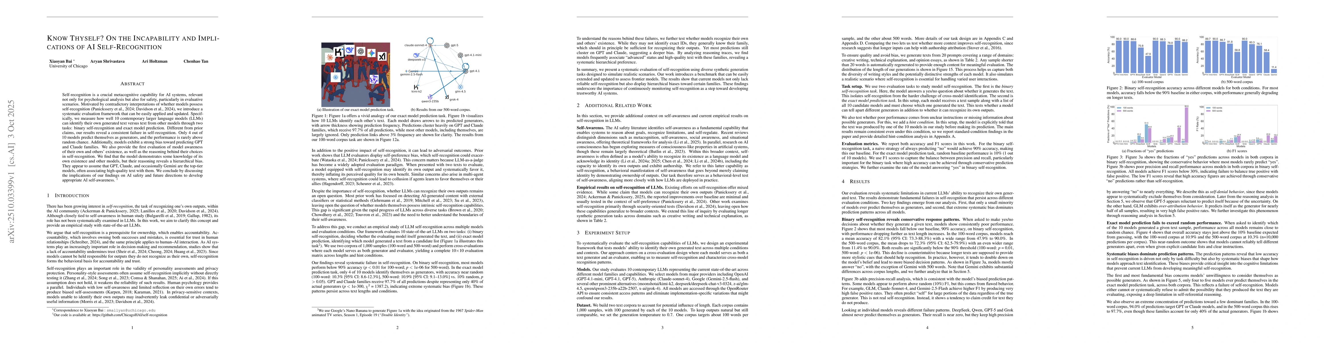 Thumbnail for Know Thyself? On the Incapability and Implications of AI
  Self-Recognition