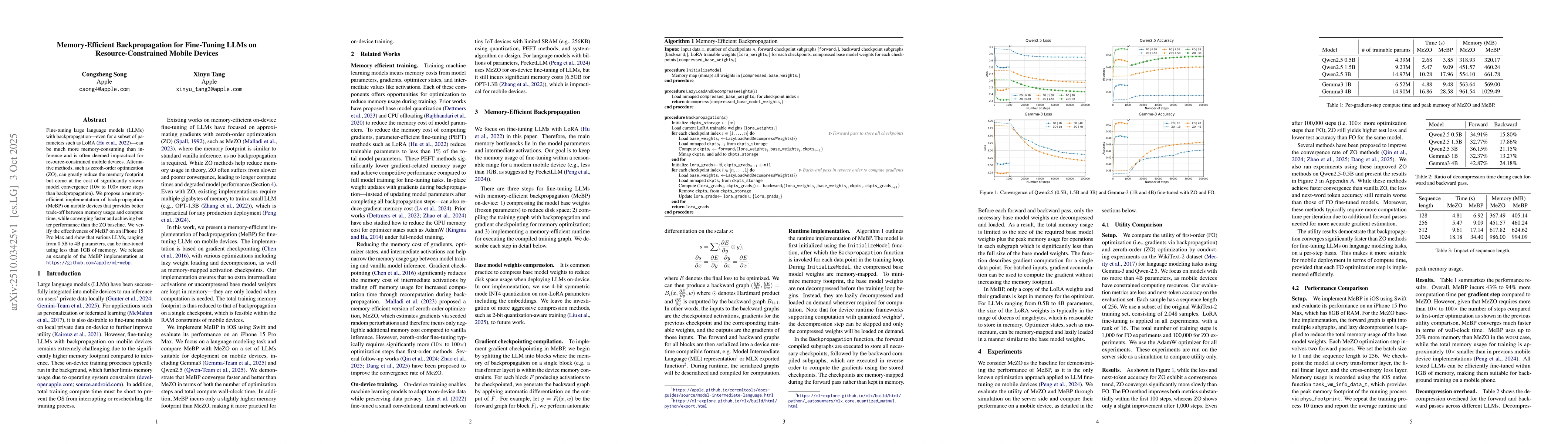 Thumbnail for Memory-Efficient Backpropagation for Fine-Tuning LLMs on
  Resource-Constrained Mobile Devices