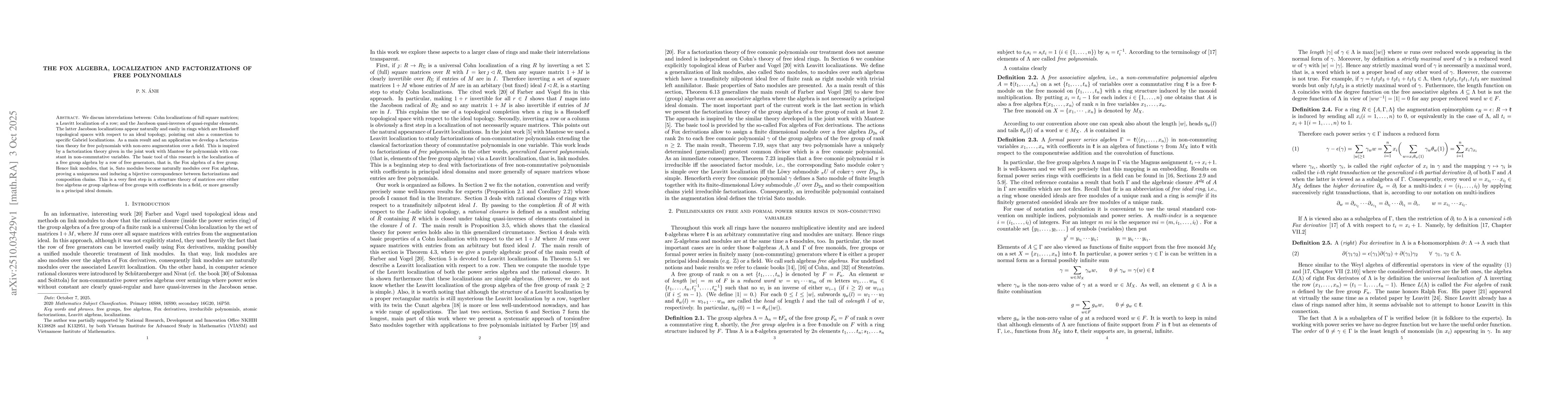 Thumbnail for The Fox algebra, Localization and factorizations of free polynomials