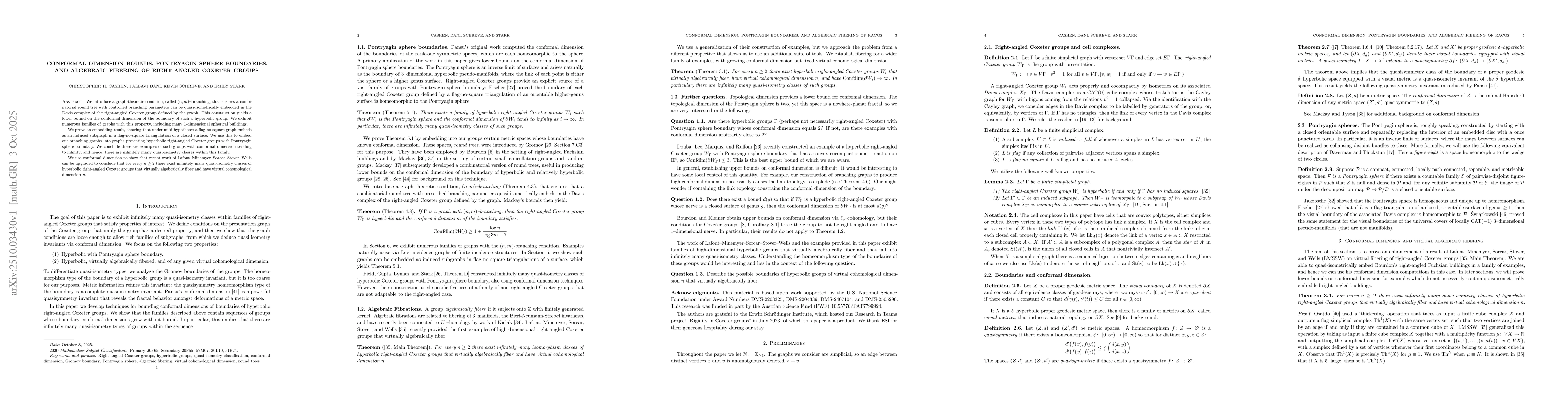 Thumbnail for Conformal dimension bounds, Pontryagin sphere boundaries, and algebraic
  fibering of right-angled Coxeter groups