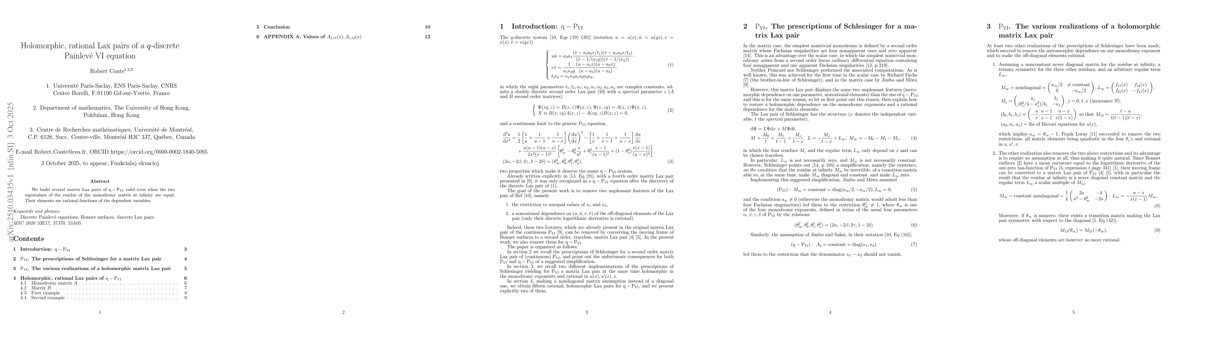 Thumbnail for Holomorphic, rational Lax pairs of a $q$-discrete Painlevé VI equation
