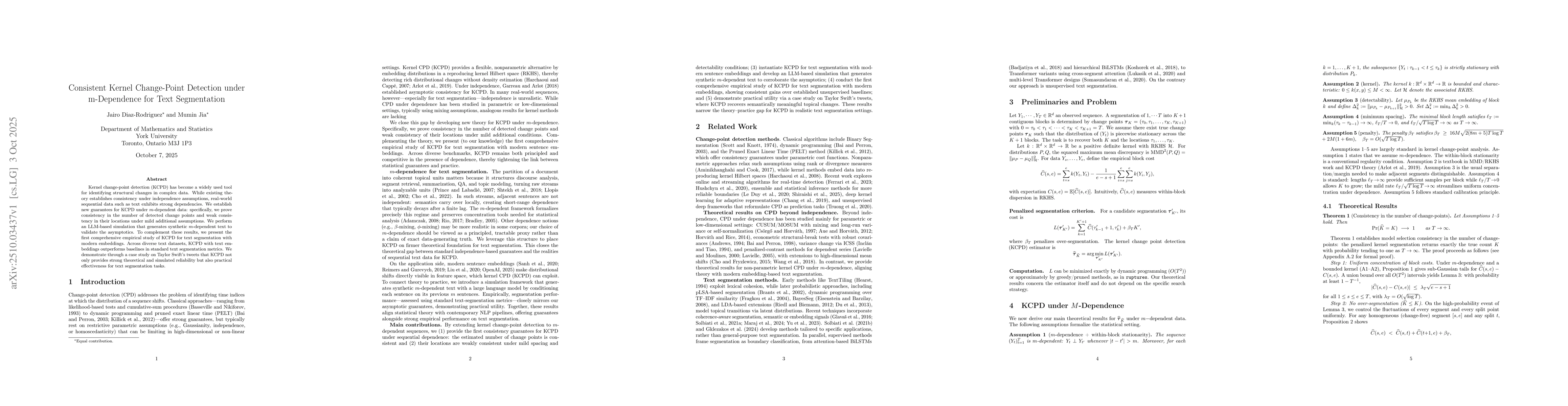 Thumbnail for Consistent Kernel Change-Point Detection under m-Dependence for Text
  Segmentation