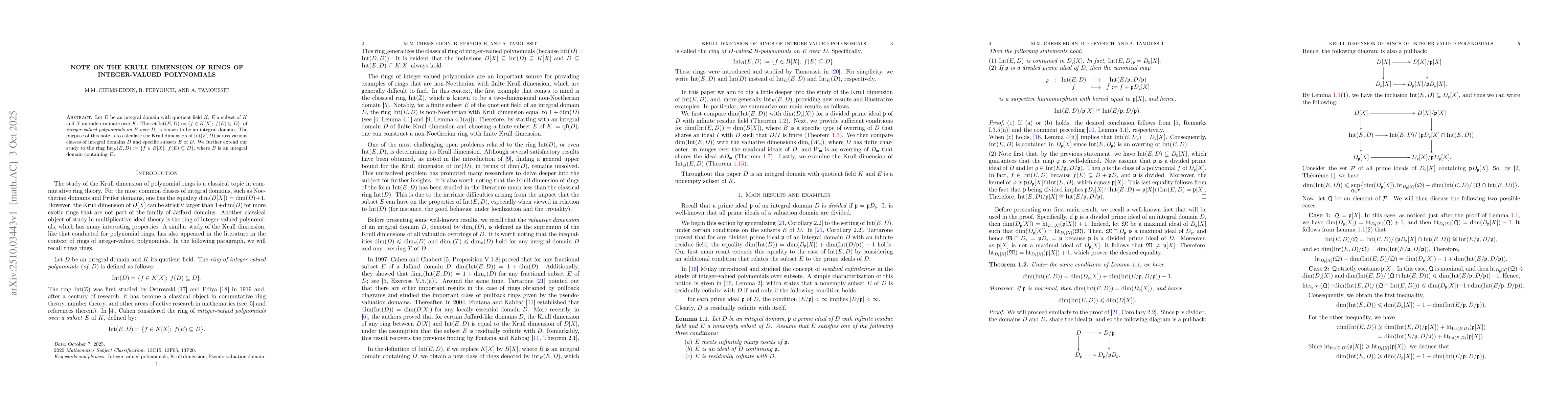 Thumbnail for Note on the Krull dimension of rings of integer-valued polynomials