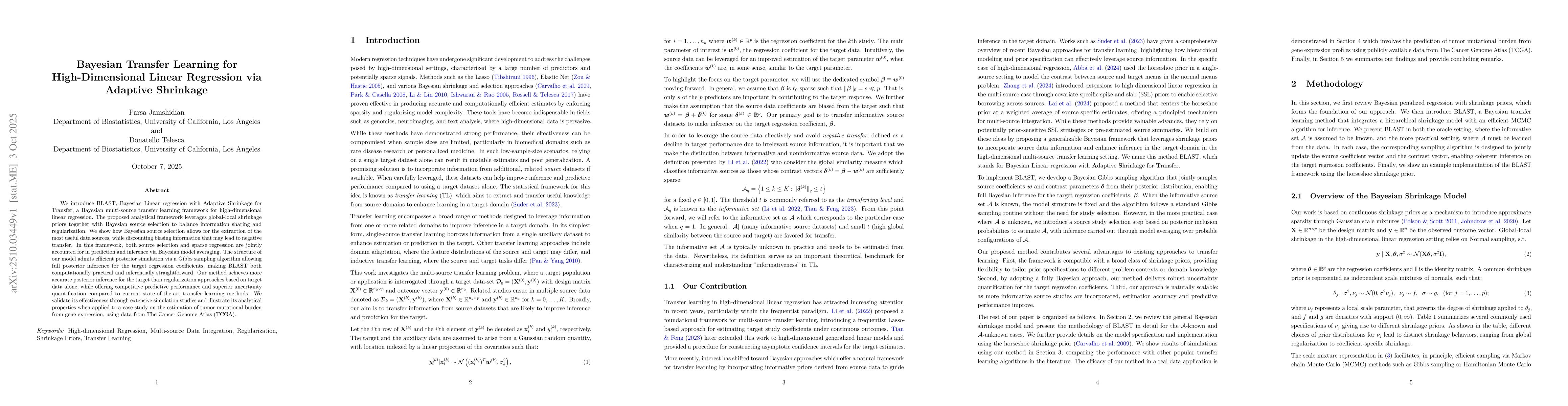Thumbnail for Bayesian Transfer Learning for High-Dimensional Linear Regression via
  Adaptive Shrinkage