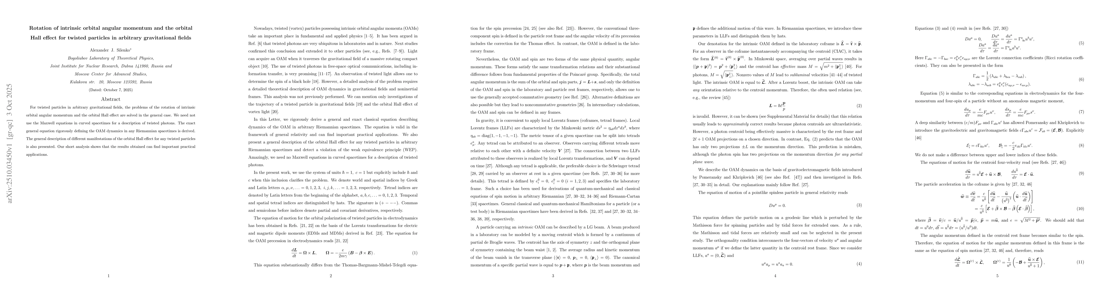 Thumbnail for Rotation of intrinsic orbital angular momentum and the orbital Hall
  effect for twisted particles in arbitrary gravitational fields
