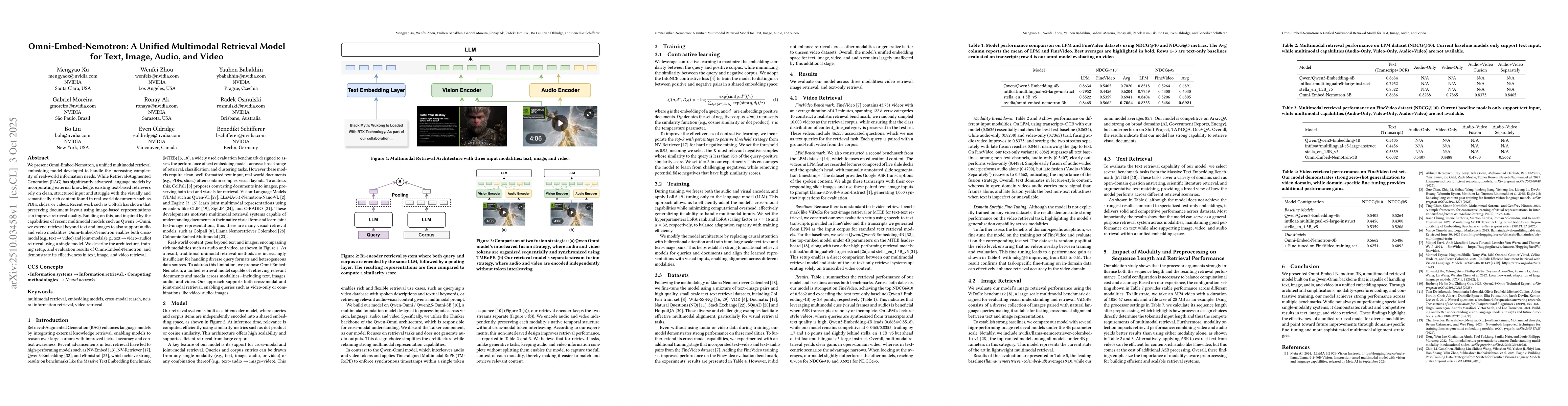 Thumbnail for Omni-Embed-Nemotron: A Unified Multimodal Retrieval Model for Text,
  Image, Audio, and Video