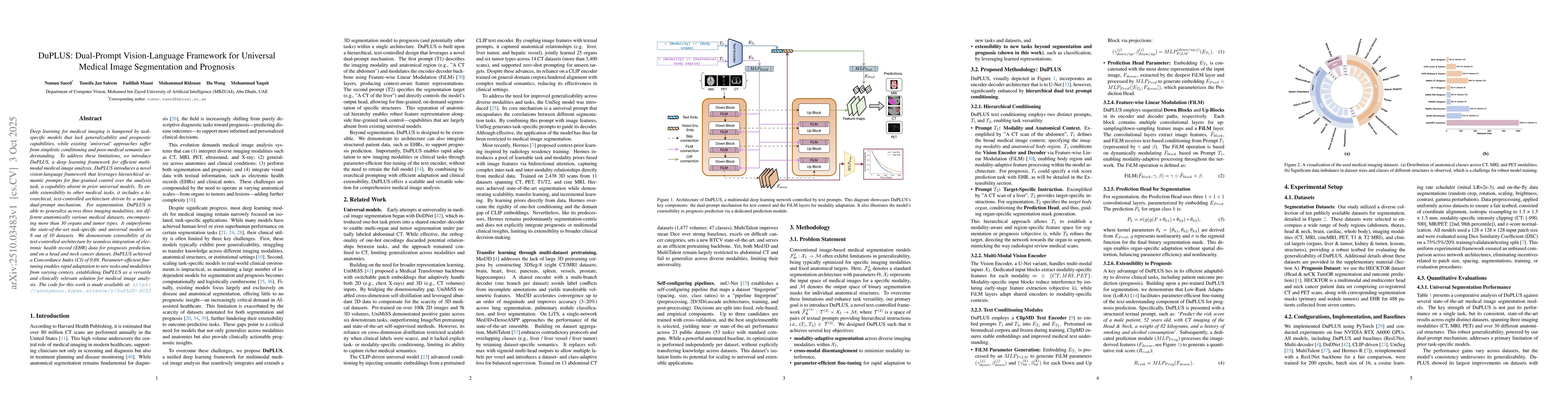 Thumbnail for DuPLUS: Dual-Prompt Vision-Language Framework for Universal Medical
  Image Segmentation and Prognosis