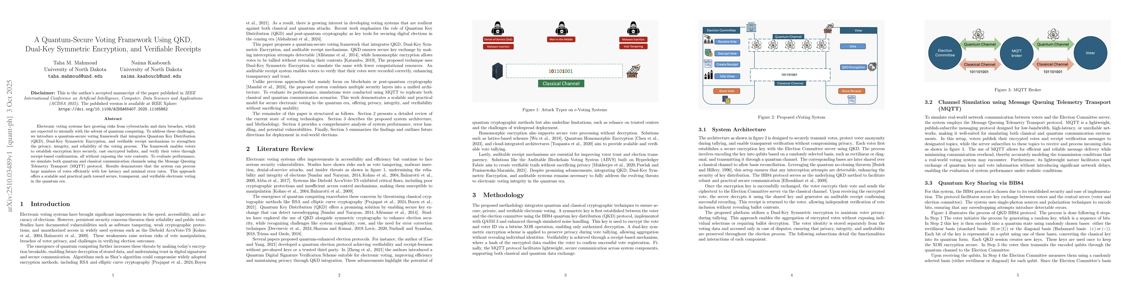Thumbnail for A Quantum-Secure Voting Framework Using QKD, Dual-Key Symmetric
  Encryption, and Verifiable Receipts