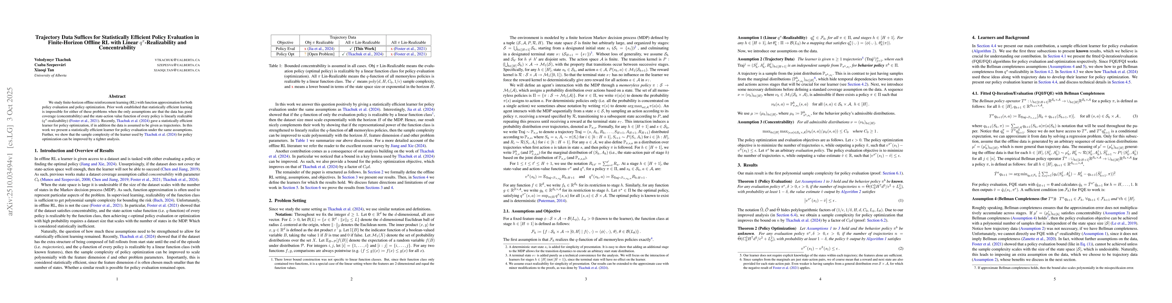 Thumbnail for Trajectory Data Suffices for Statistically Efficient Policy Evaluation
  in Finite-Horizon Offline RL with Linear $q^π$-Realizability and
  Concentrability