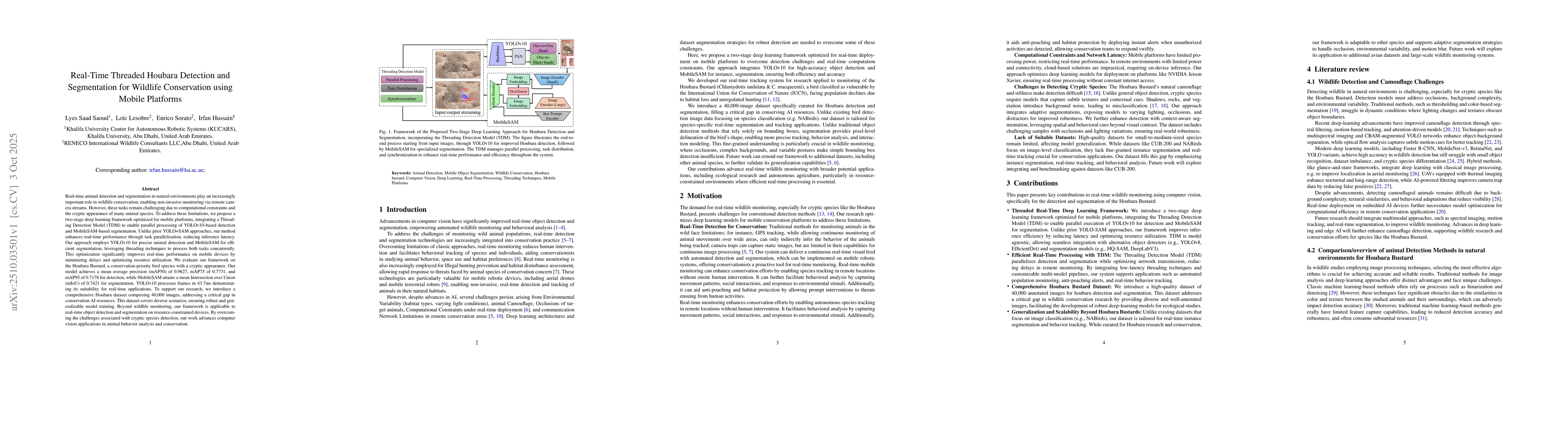 Thumbnail for Real-Time Threaded Houbara Detection and Segmentation for Wildlife
  Conservation using Mobile Platforms