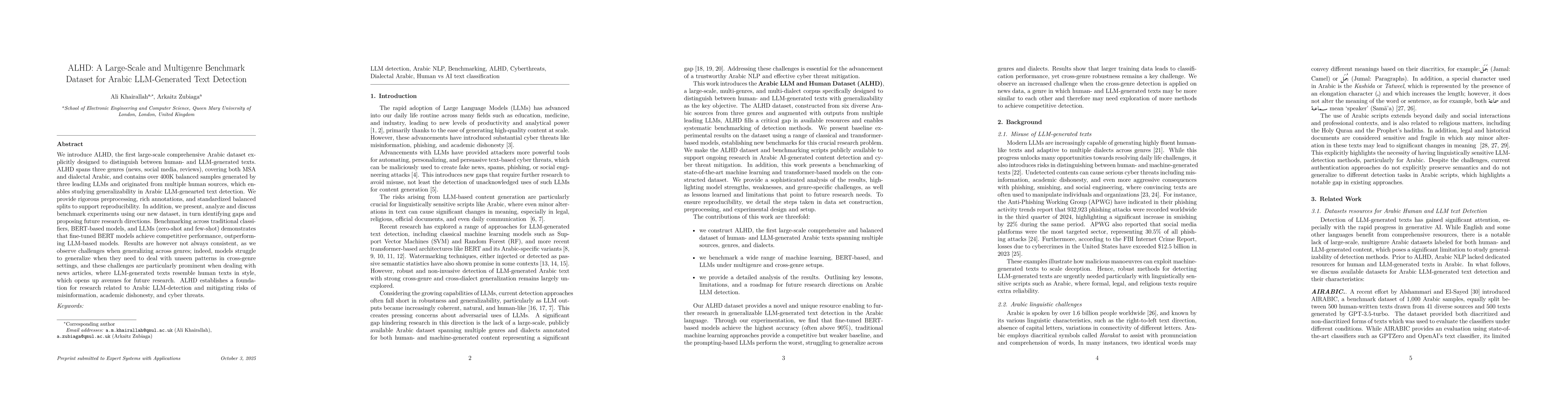 Thumbnail for ALHD: A Large-Scale and Multigenre Benchmark Dataset for Arabic
  LLM-Generated Text Detection