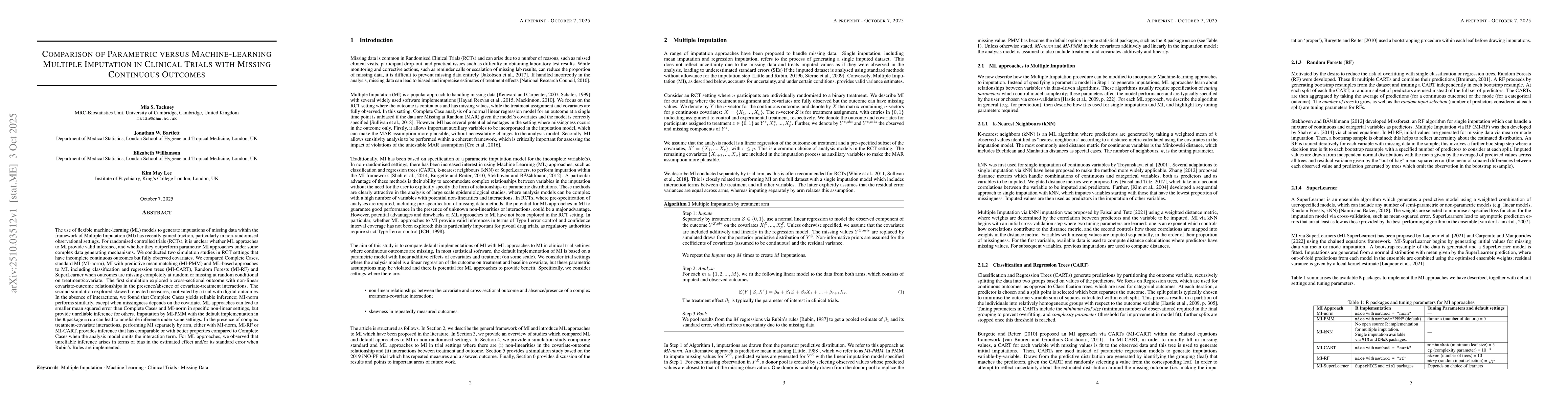 Thumbnail for Comparison of Parametric versus Machine-learning Multiple Imputation in
  Clinical Trials with Missing Continuous Outcomes