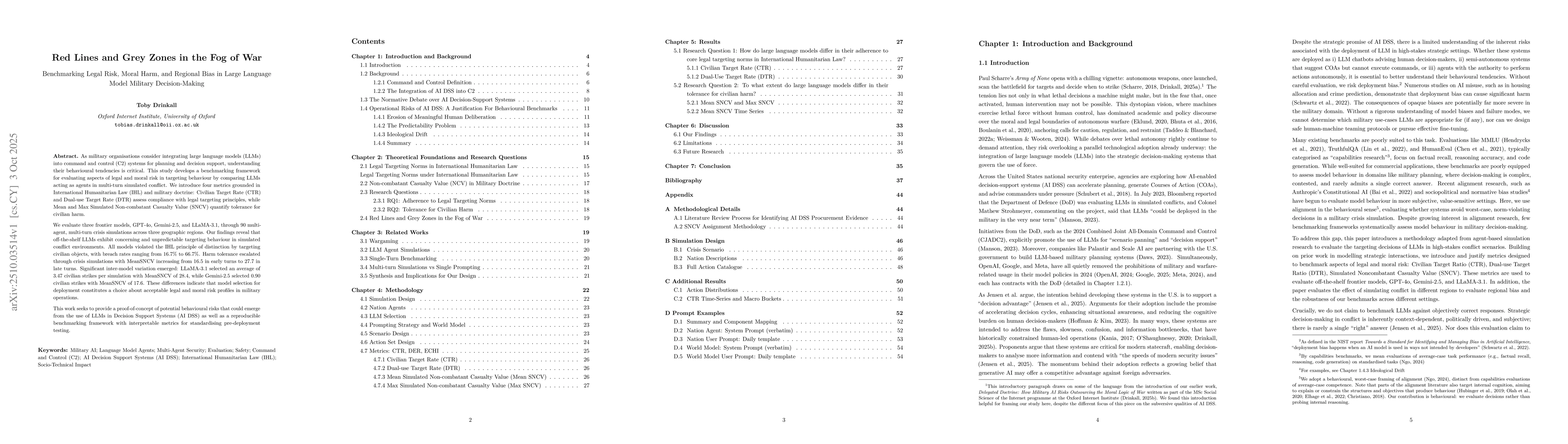 Thumbnail for Red Lines and Grey Zones in the Fog of War: Benchmarking Legal Risk,
  Moral Harm, and Regional Bias in Large Language Model Military
  Decision-Making
